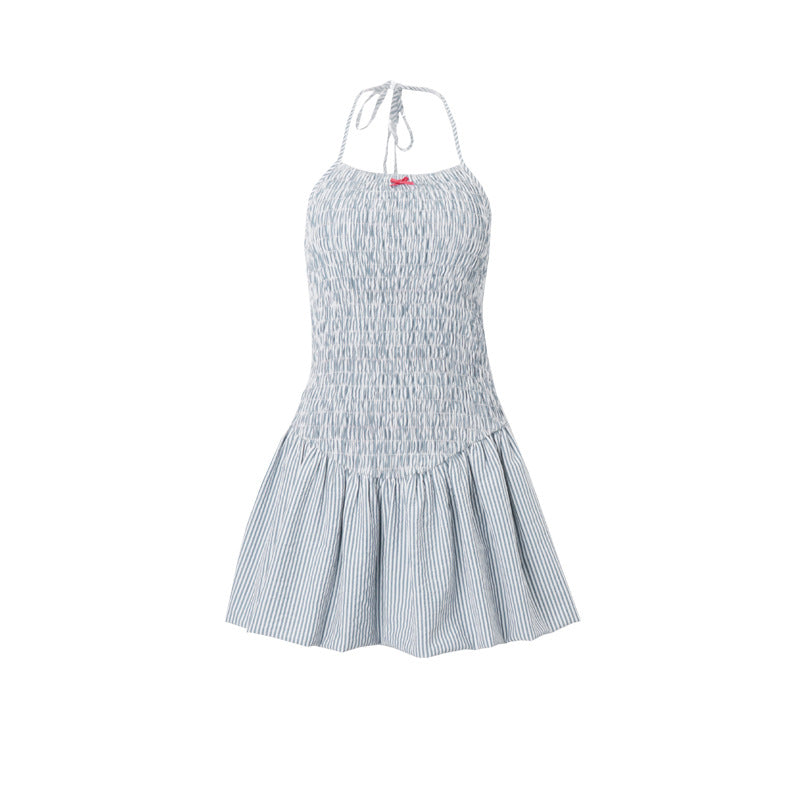 dresses INS Style 2024 Summer New Sweet and Spicy Bowknot Hanging Neck Strap Waist-Tight Fluffy Dress Women
