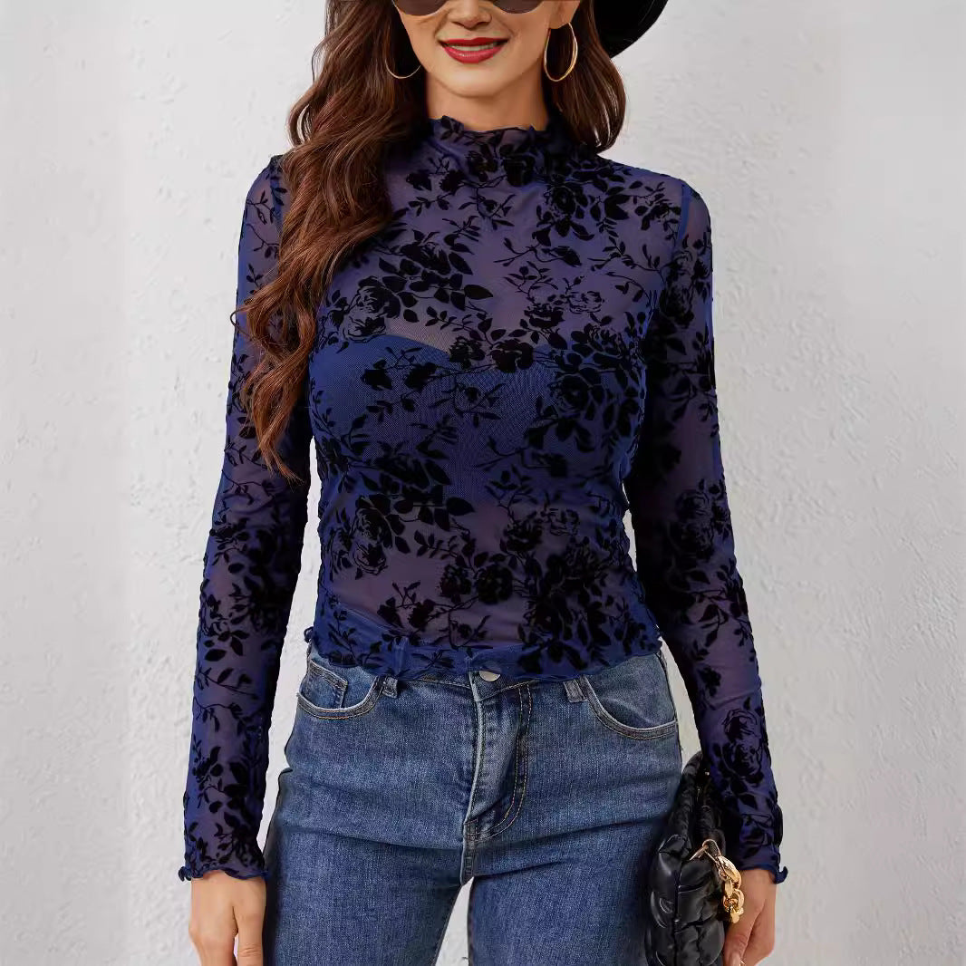 dress to impress outfits New Sexy Single Layer Bra-Free Stand Collar Mesh Bottoming Shirt Top Women's T-shirt