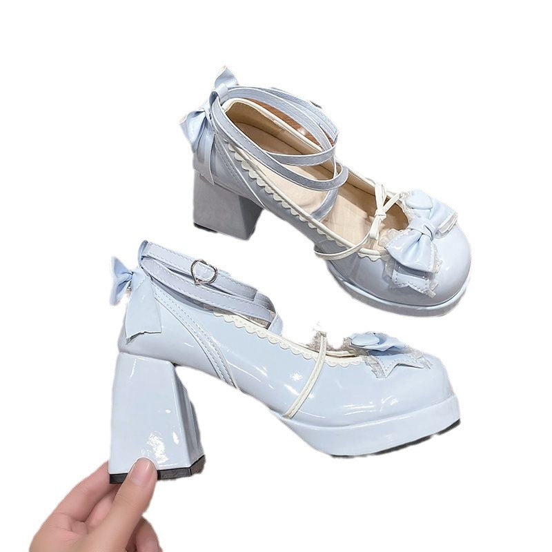 shoes High Heels Lolita Thick Heel Platform Blue Japanese Soft Girl Sweet Cute Bow Shoes for Women