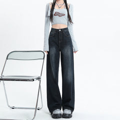 90s fashion Blue and Gray Wide-Leg Jeans for Women Spring and Autumn New High Waist Straight Loose Mop Pants American Retro