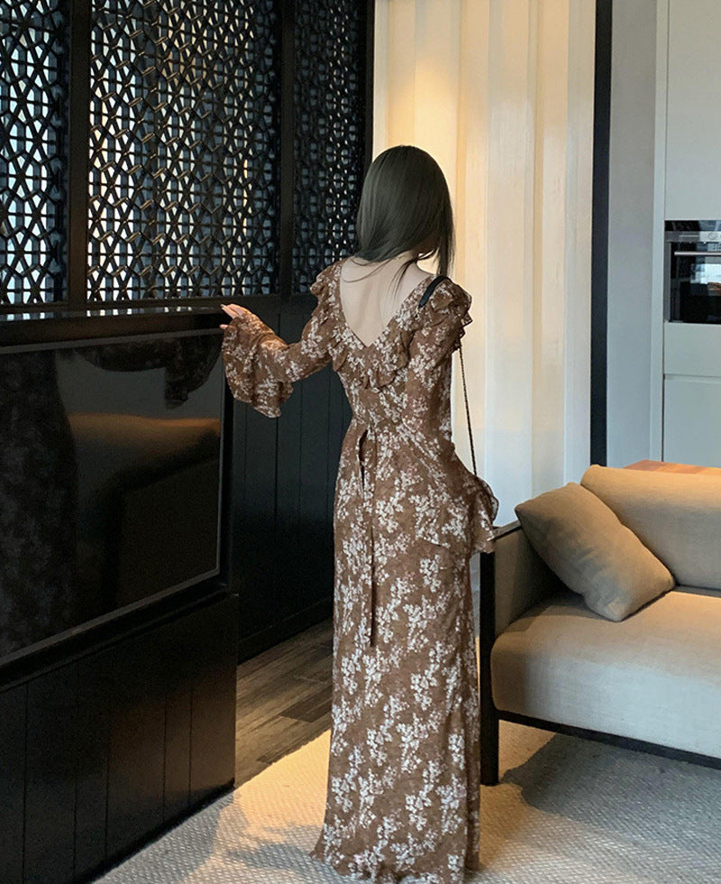 dresses French Retro Floral Chiffon Dress Women's Summer Slimming Ruffled Bell Sleeve Long Dress