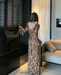dresses French Retro Floral Chiffon Dress Women's Summer Slimming Ruffled Bell Sleeve Long Dress