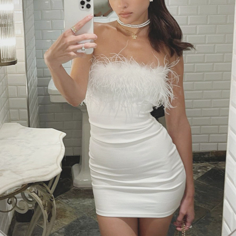 birthday outfit Women's Dress Sexy off-Shoulder Plush Tube Top Fashion Hollow Hip Skirt for Women