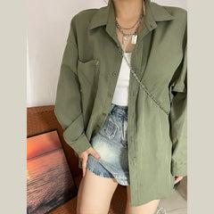 outfit ideas Retro Green Shirt Cardigan Coat for Women Spring and Autumn New Loose Long Sleeve Loose Top Shirt