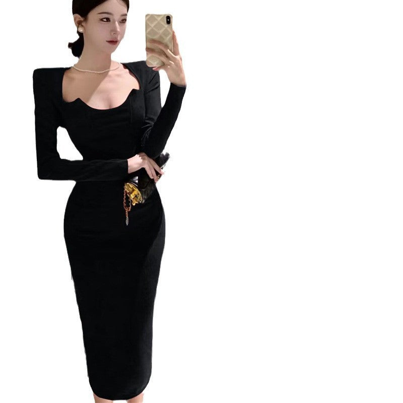 2000s fashion Autumn and Winter New French Long Sleeve Dress Women's High-Grade Elegant Dress Slim Split Hip Skirt