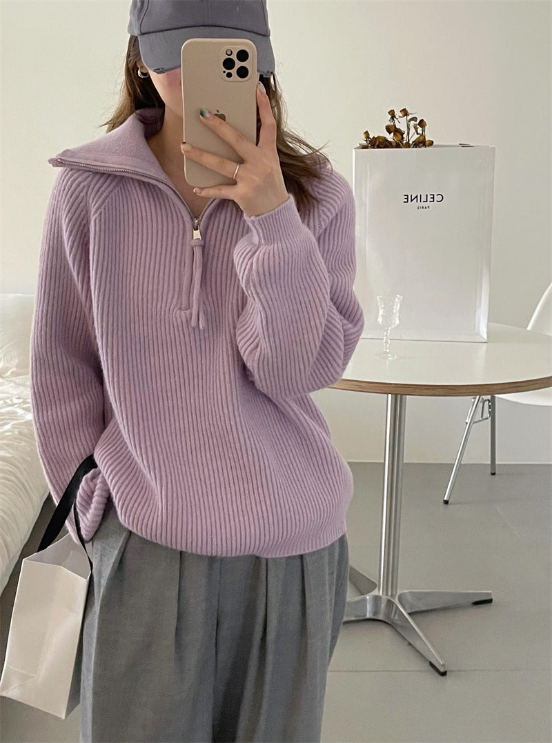 clothes Korean Style Half Zipper Sweater Women's Autumn and Winter New Style Pit Design Sense Stand Collar Soft Glutinous Loose Outer Wear Sweater Top