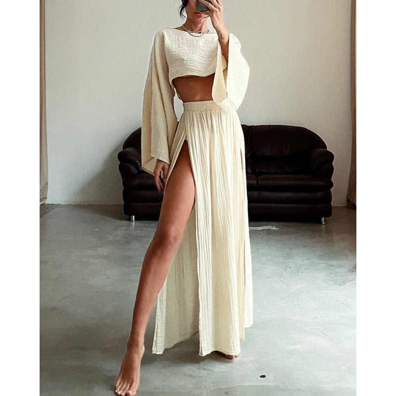 outfit ideas Leisure Vacation Linen Blend Short Top High Waist Chic Slit Cotton Linen Casual Two-Piece Set Suit