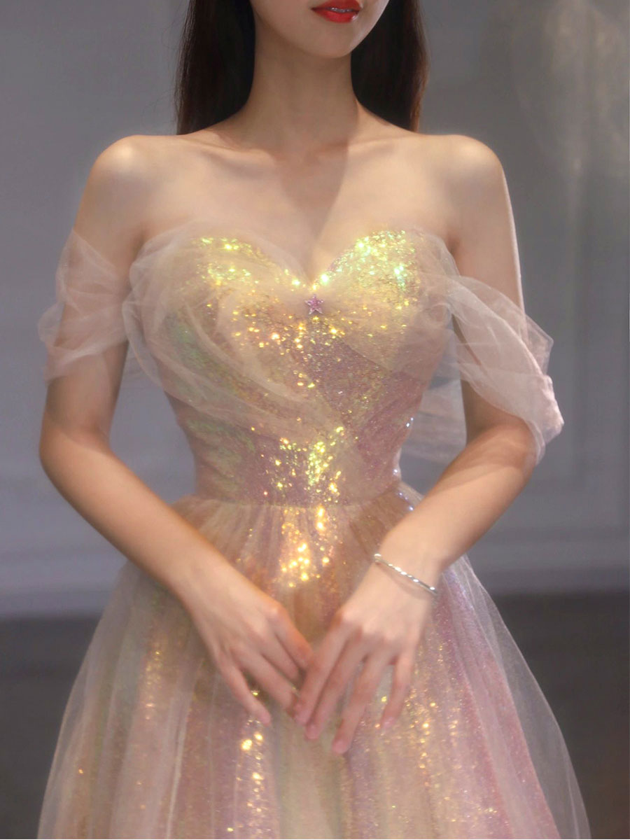 BXOXO A Line Tulle Sequin Long Prom Dress, Off Shoulder Formal Graduation Dress