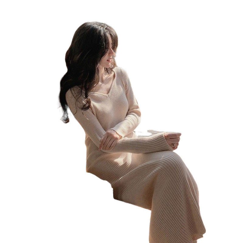 2000s fashion Gentle Hepburn Style Square Collar Knitted Dress Women's Autumn and Winter New Style with Overcoat Slim Fit Slimming Inner Sweater Dress