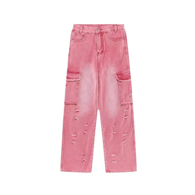 going out outfits High Street Niche Cute Pink Straight Jeans Women's Spring and Summer High Waist Slimming Draping Loose Wide Leg Pants