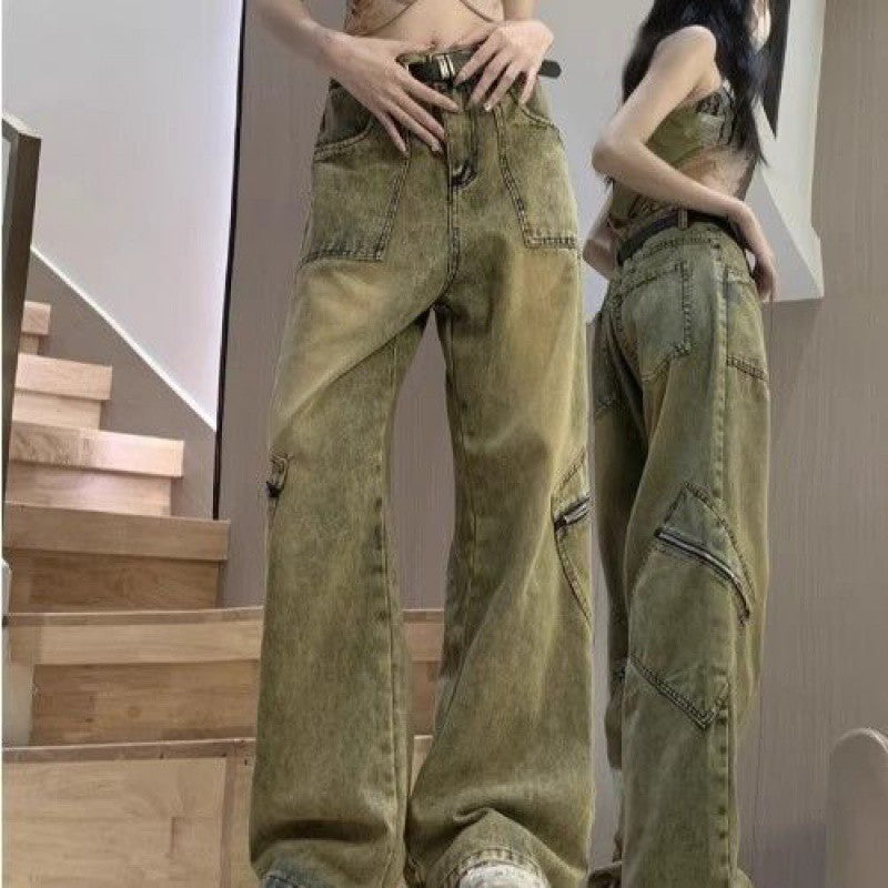 tailgate outfit black women American-Style Retro Draping Jeans Women's Autumn Washed Distressed Loose Workwear Straight Wide-Leg Pants