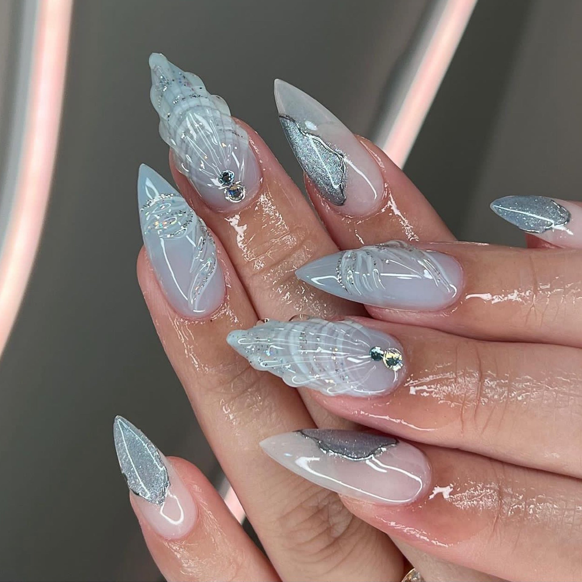 business casual outfits Wear Nail Polish Piece Finished Product Cold Color 3D Water Drop Shell Nail Art Almond Fake Nail