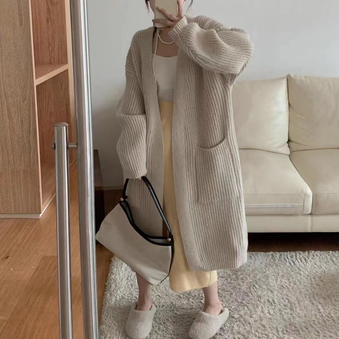 fall outfits Solid Color Knitted Cardigan Women's Autumn and Winter Loose Temperament V-neck Lazy Style Mid-Length over-the-Knee Sweater Coat Fashion