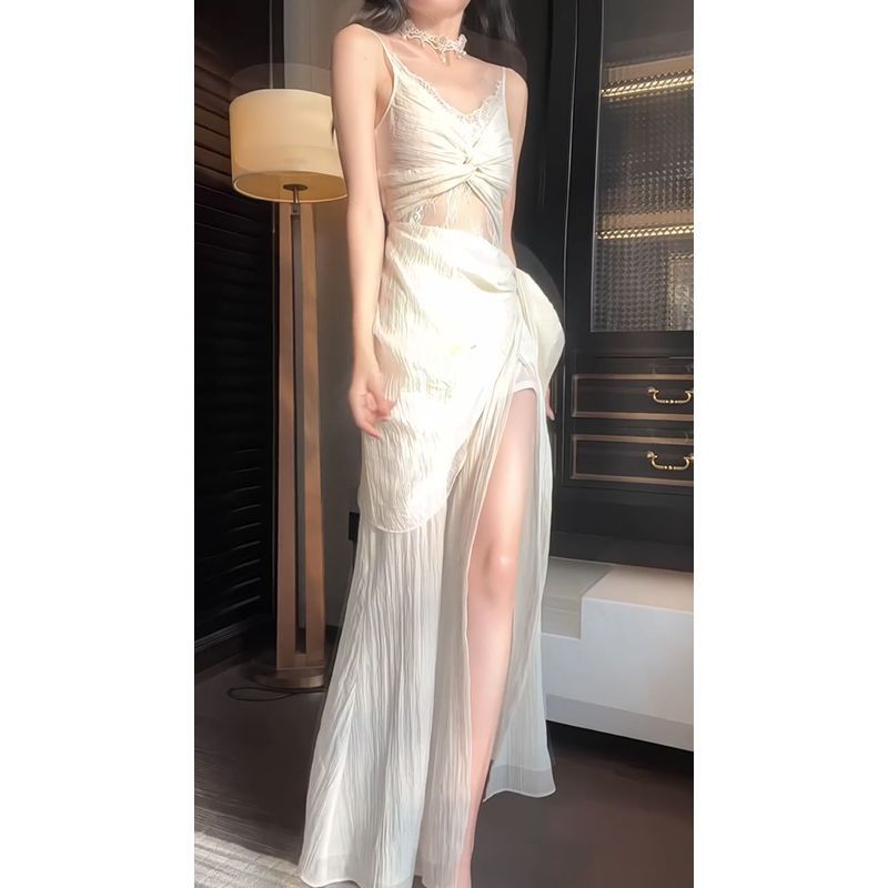frat outfits French Style Open Waist Hollow-out Sling Dress Sexy Elegant Socialite Design Sense Seaside Holiday Long Skirt