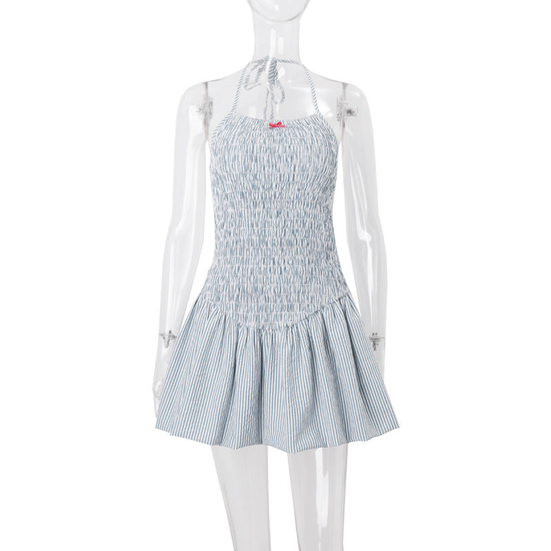 dresses INS Style 2024 Summer New Sweet and Spicy Bowknot Hanging Neck Strap Waist-Tight Fluffy Dress Women