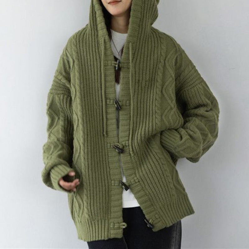 outfit inspo Retro Green Horn Buckle Twist Sweater Coat for Women Spring and Autumn Loose Lazy Hooded Knitted Cardigan Thickened Upper