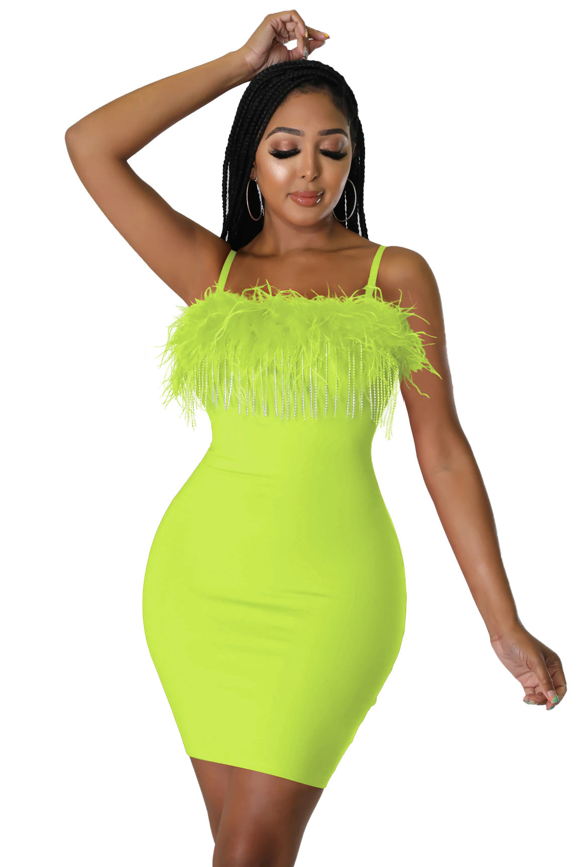 birthday outfit Fashion Women's Solid Color Zipper Sling Brick Chain Feather Dress Female