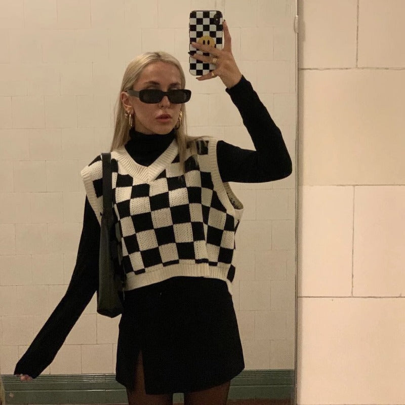 dti outfits Spring New Blogger Casual Pullover Knitted Chessboard Plaid Vest Top