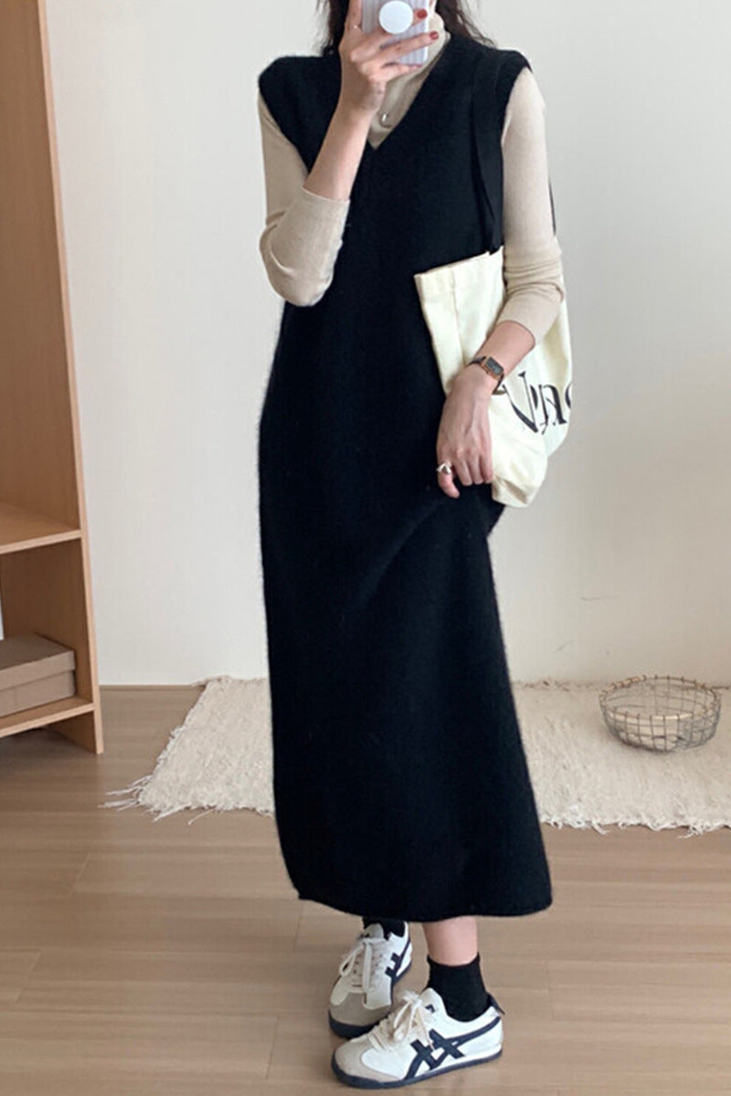 dress to impress outfits V-neck Long Vest Sleeveless Sweater Dress Women's Autumn and Winter Loose Belly Covering Temperament Mid-Length Knitted Skirt