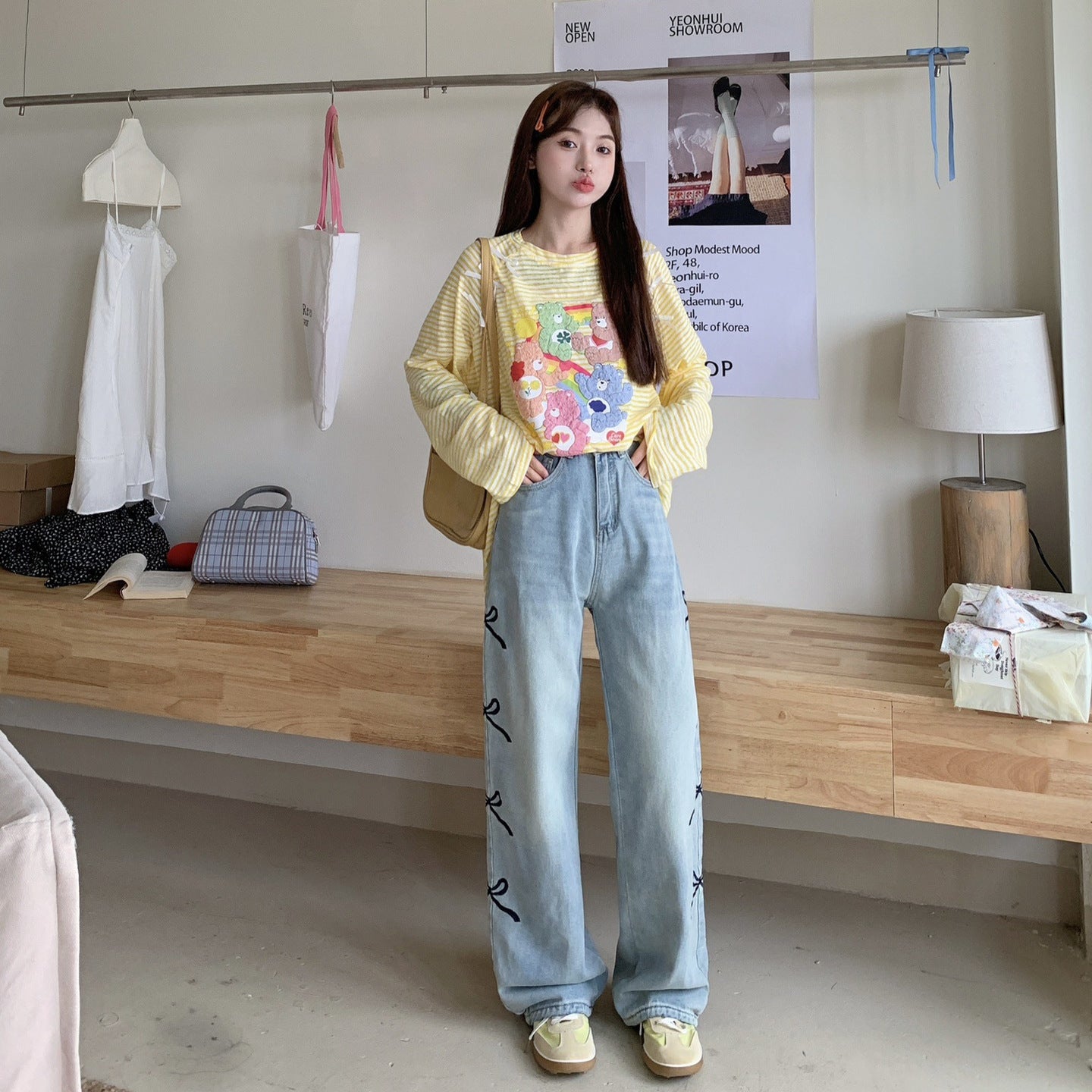 outfit ideas for school Summer New American High Street High Waist All-Match Bow Embroidery Denim Wide Leg Pants