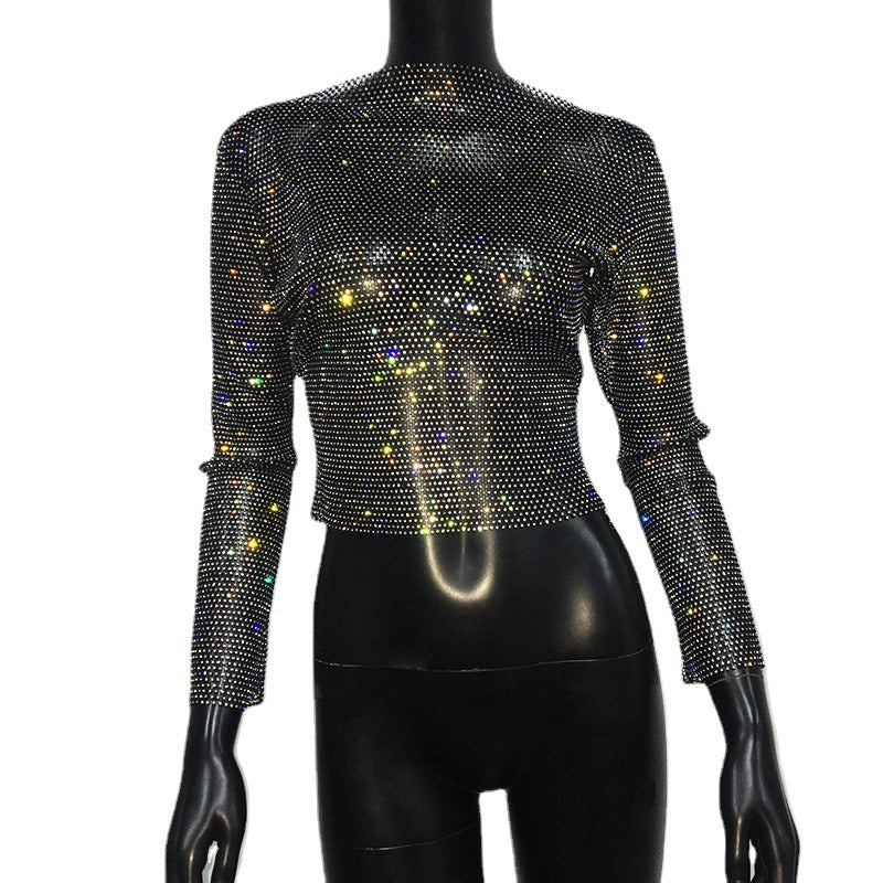 New Women's Fishing Net T-shirt off-Shoulder Long-Sleeved Top Mesh Flash Diamond Fishing Net Hot Girl Top for Women