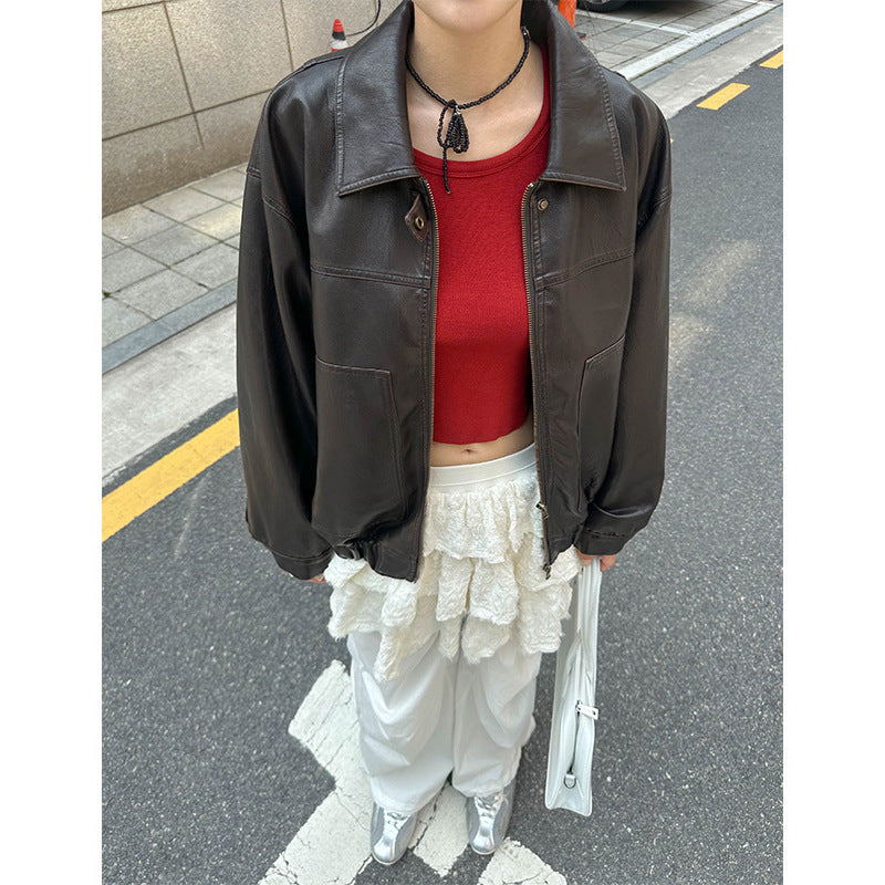 masc outfits Retro Front Pocket Leather Coat for Women 2024 Autumn New Lapel Loose Wash Faded Craft All-Matching Coat