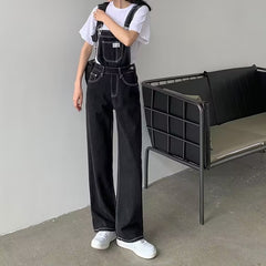 tailgate outfit black women Black Denim Suspender Pants Women's Korean-Style Loose Autumn High Waist Thin Straight Wide Leg Jumpsuit