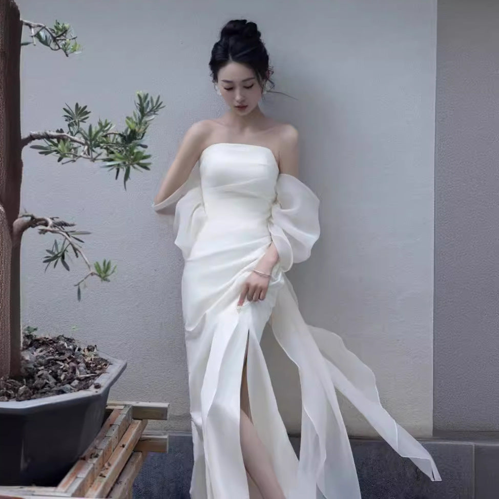 off shoulder New Chinese Morning Gown Summer New Engagement Party Tube Top Simple Fairy Temperament Travel Shooting Light Yarn