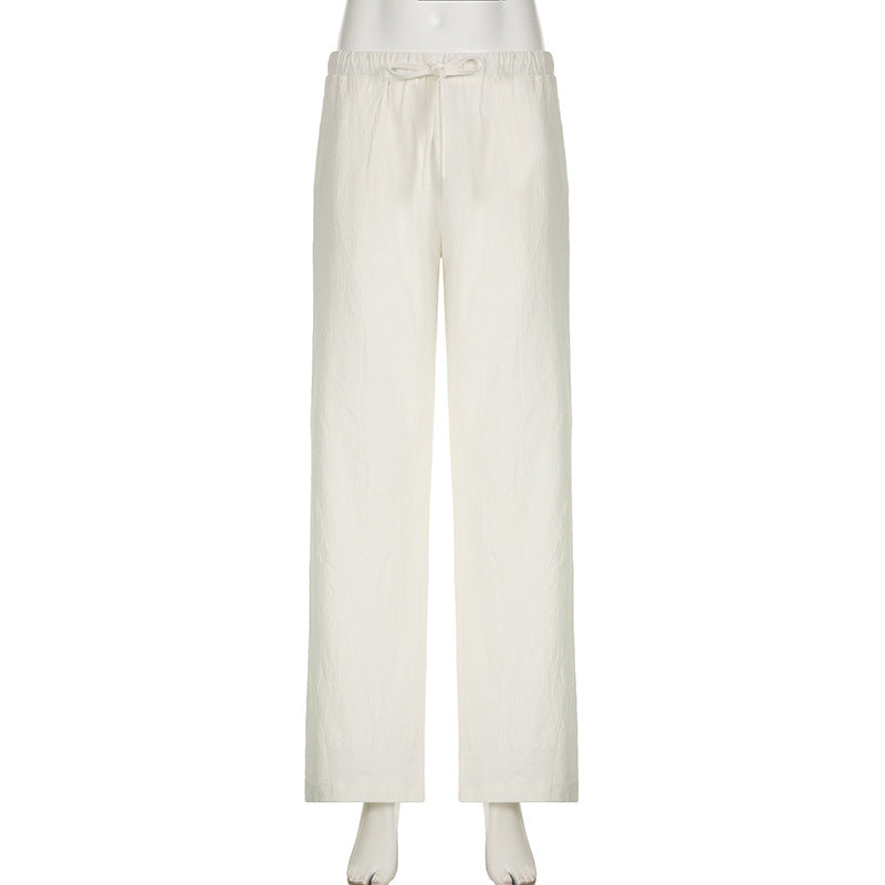 Bxoxo Cotton Linen White Pants Basic Drawstring Low Waist Wide Leg Pants Casual Y2K Clothes For Summer Trousers
