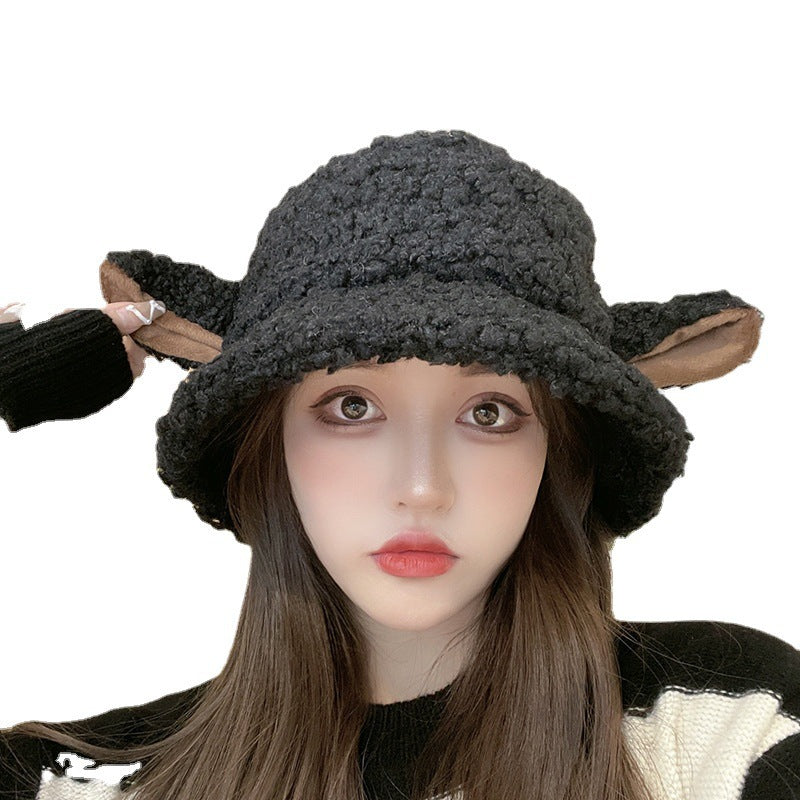 lolíta fashion dress to impress Hat Female Winter Cute Cartoon Lamb Ears Fisherman Hat All-Match Warm Lamb Plush Ear Protection Basin Hat