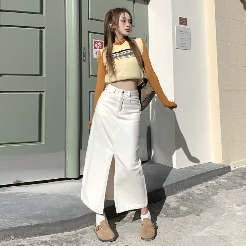 outfit Creamy-white Front Slit Denim Skirt Women's Early Spring High Waist Loose A- line Mid-Length Hip Skirt
