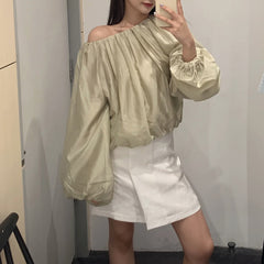 business casual outfits CS Style Women's Casual Pleated Satin Lantern Sleeve Top Summer