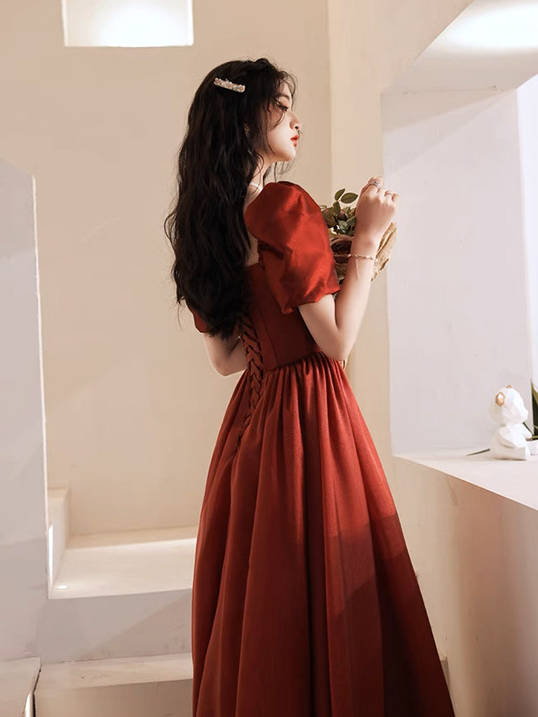 BXOXO A-Line Puff Sleeves Organza Burgundy Long Prom Dress, Burgundy Long Evening Dress