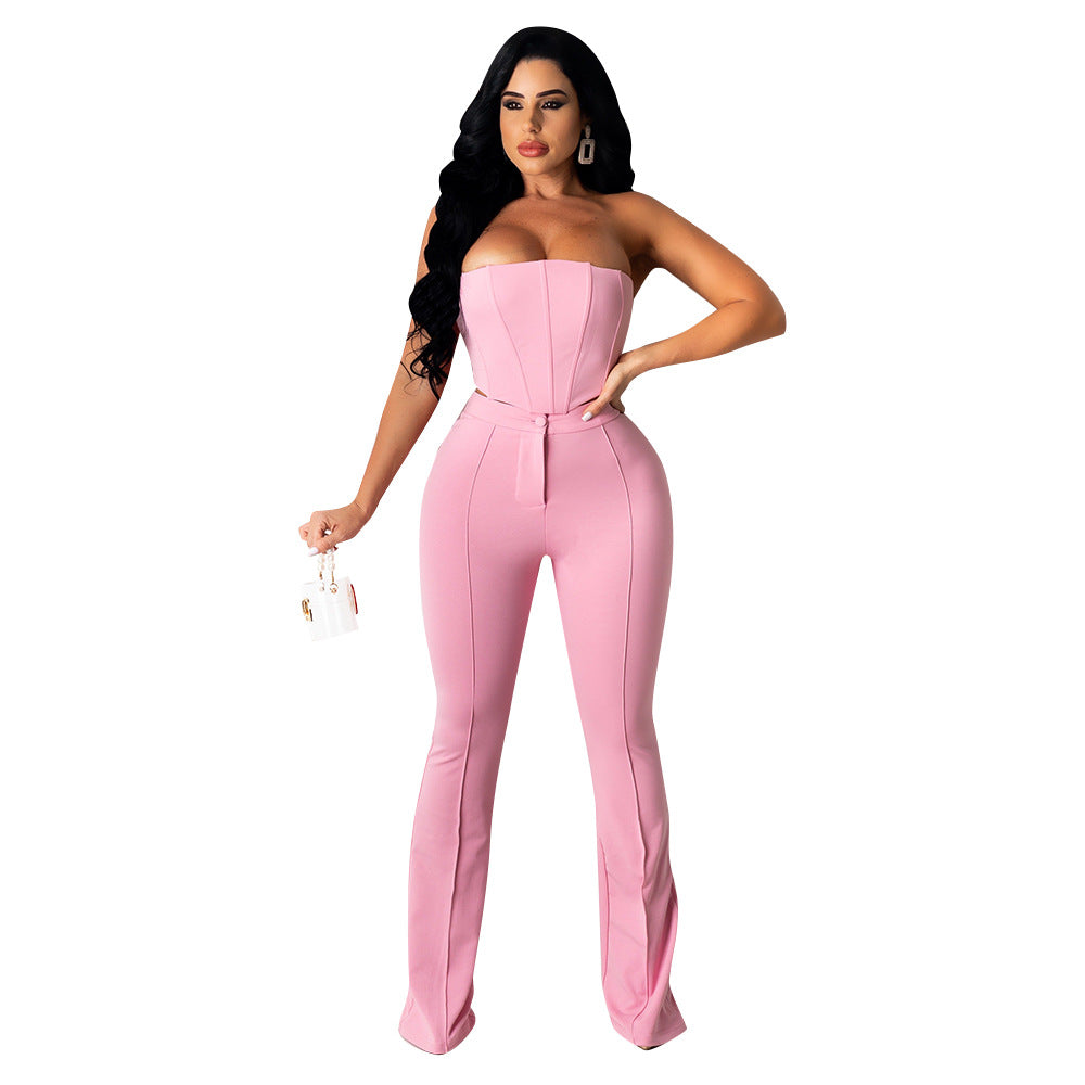 outfit New Sexy Tube Top off-Shoulder Bright Line Decoration Slim Flared Pants Nightclub Suit