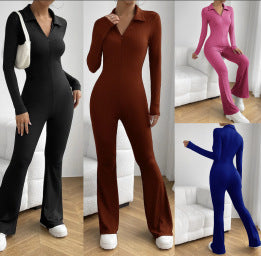 dream clothes Women's Long-Sleeved Zipper Jumpsuit Shirt Collar Hip Lifting Slim-Fit Sexy Flared Trousers Jumpsuit