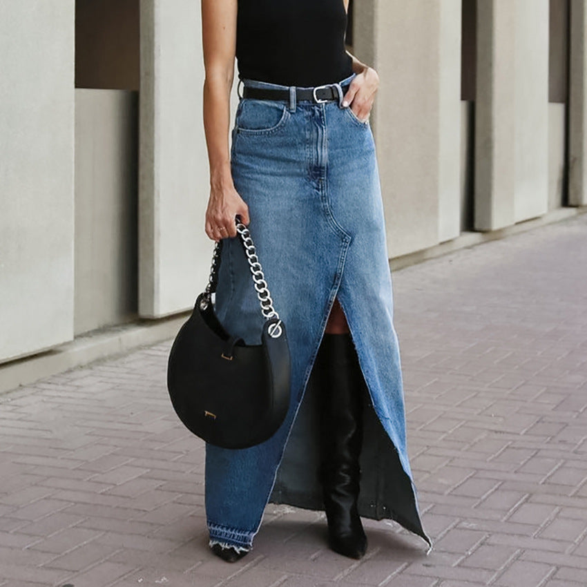 guys in skirts Summer Commuter High Waist Slimming Split Blue Denim Skirt Long Skirt Retro Distressed Sheath Skirt