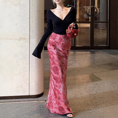 hoco dresses Sexy Hot Girl Deep V-neck Cross Sweater Vintage Satin Printed Fishtail Skirt Suit