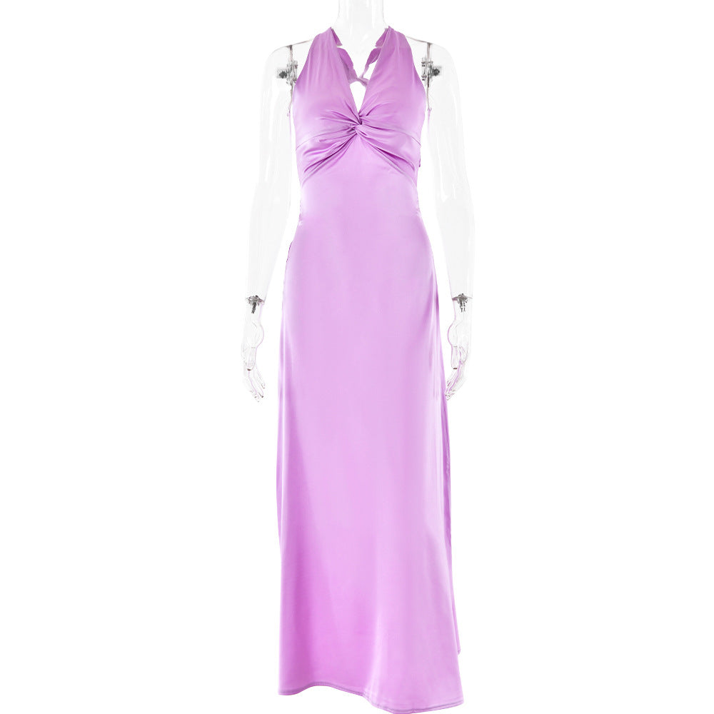 pink panther costume INS Style Fashion Sexy V-neck Lace-up Backless Dress Slim Satin Dress