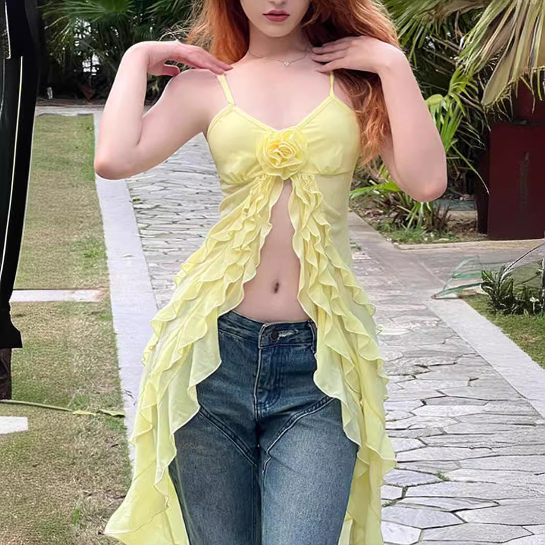 princess costume ideas Sexy Three-Dimensional Rose Sling Long Holiday Style Hot Girl Navel Irregular Top