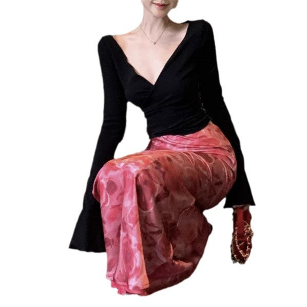 hoco dresses Sexy Hot Girl Deep V-neck Cross Sweater Vintage Satin Printed Fishtail Skirt Suit