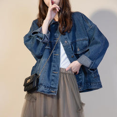 senior jeans Spring 2024 New Denim Coat Women's Simple Casual Fashion Jacket Distressed Loose Retro Blue Top