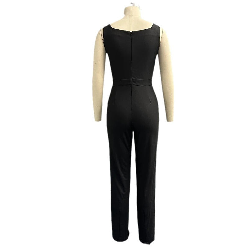 business casual outfits for women Summer Fashion Solid Color round Neck Sleeveless High Waist Slim Temperament Jumpsuit