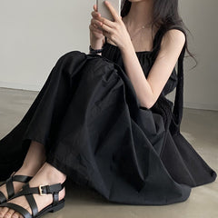 church outfit Chic Summer Holiday Style Suspender Skirt Simple Design Pleated Stitching Elastic Waist Solid Color Large Swing Dress