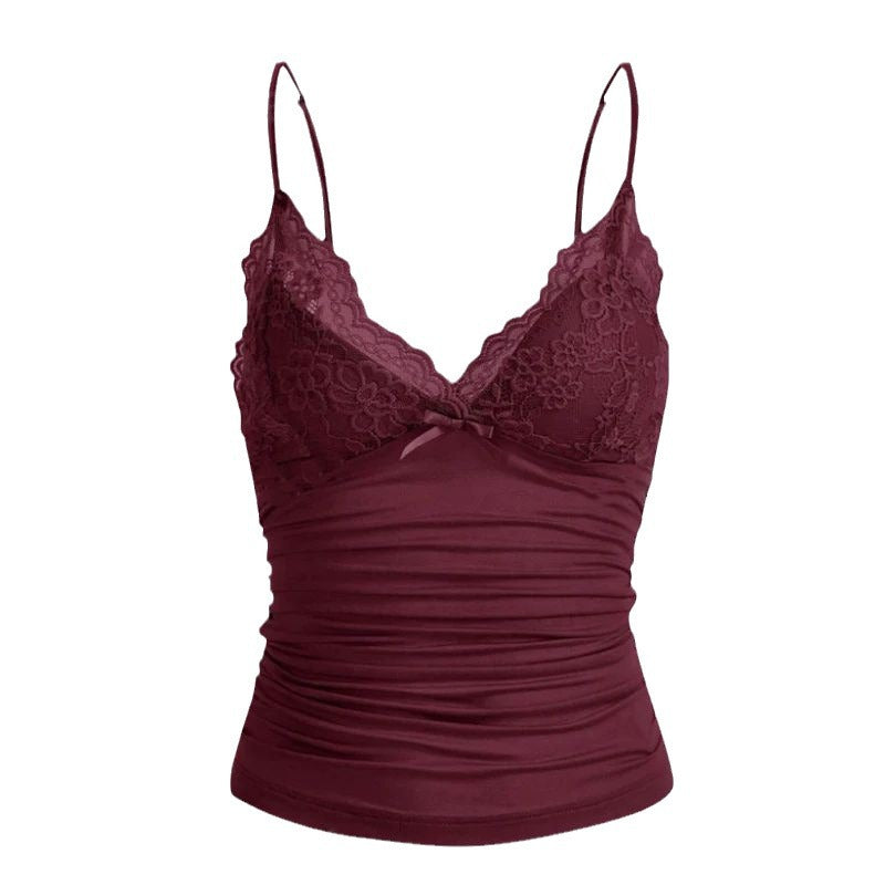 tailgate outfit black women Sweet and Spicy Girl Lace Camisole Top Bow Pleated Solid Color Basic Spicy Girl Inner Vest