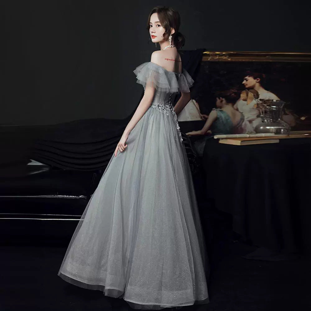 prom dresses Gray Blue off-Shoulder Evening Dress Autumn Fashion Dress Temperament Vocal Solo Host Dress