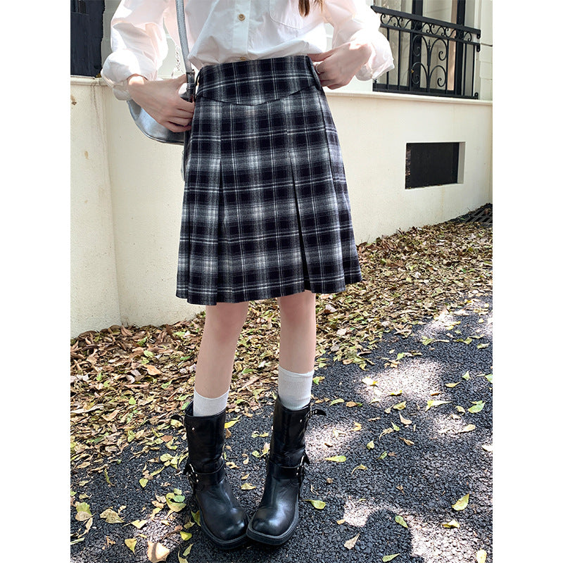 fashion outfits American Style Retro Brown Plaid Skirt Women's Autumn Korean Style High Waist Slimming Sweet Spicy A- line Pleated Short Skirt