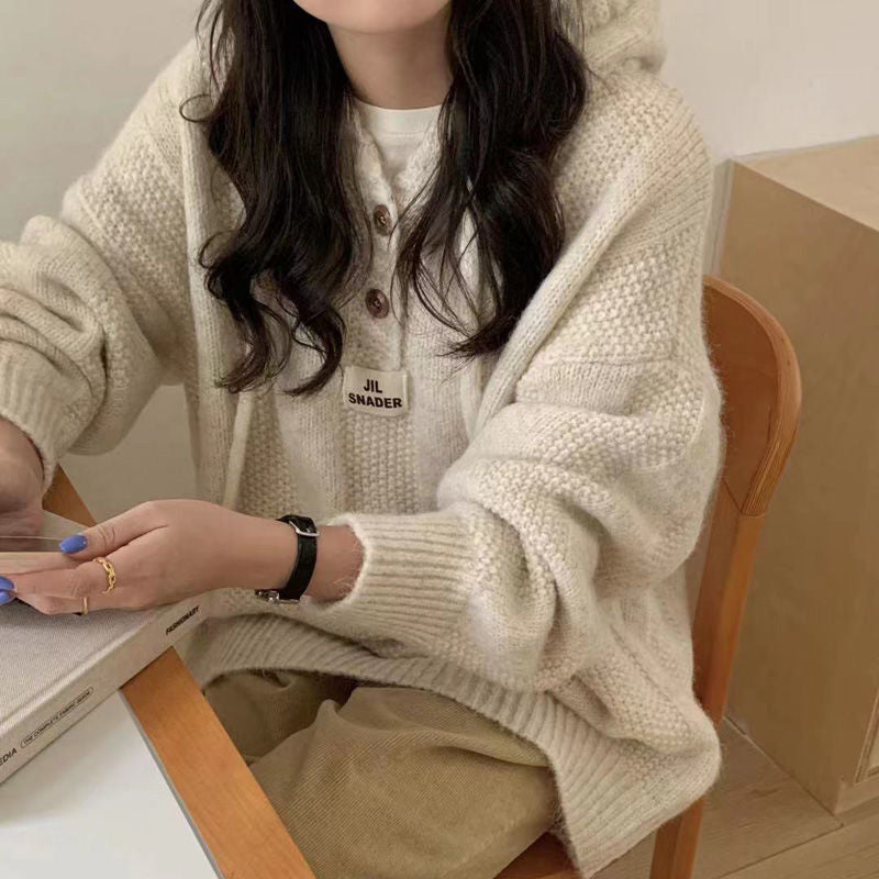 90s fashion Loose Lazy Style Hooded Sweater for Women Autumn and Winter New Soft Glutinous Thick Drawstring Knitted Sweater Top