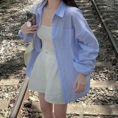 curvy casual outfits Chic Autumn Niche Temperament Simple Loose Striped Shirt Women's Long Sleeve Shirt Top