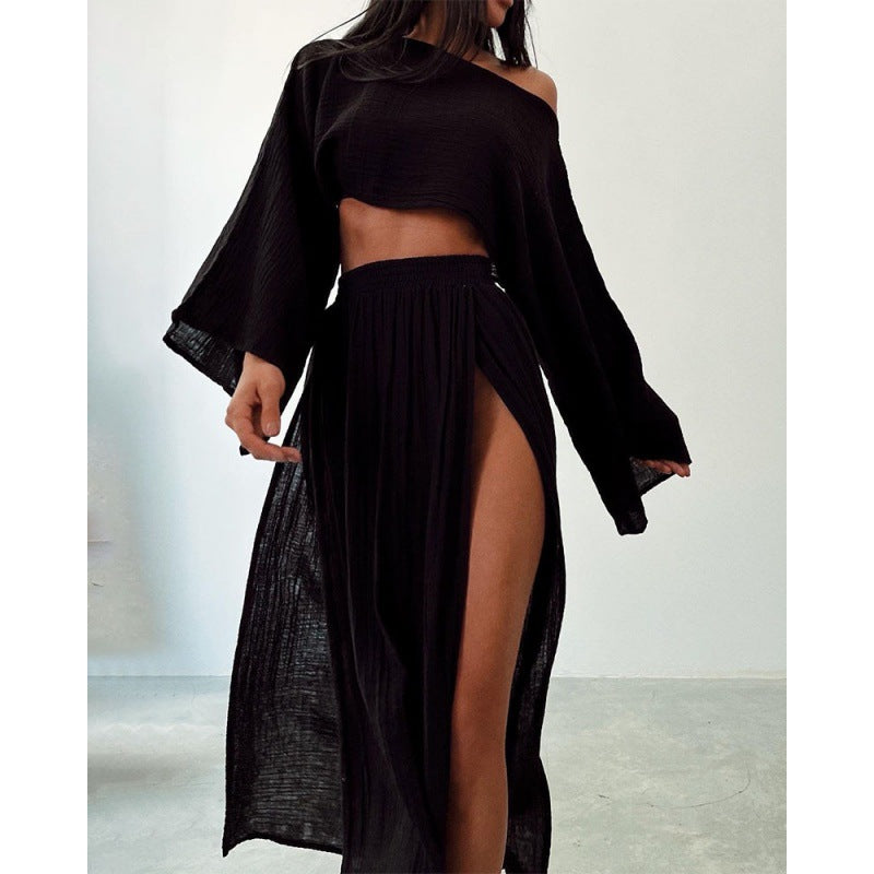 outfit ideas Leisure Vacation Linen Blend Short Top High Waist Chic Slit Cotton Linen Casual Two-Piece Set Suit