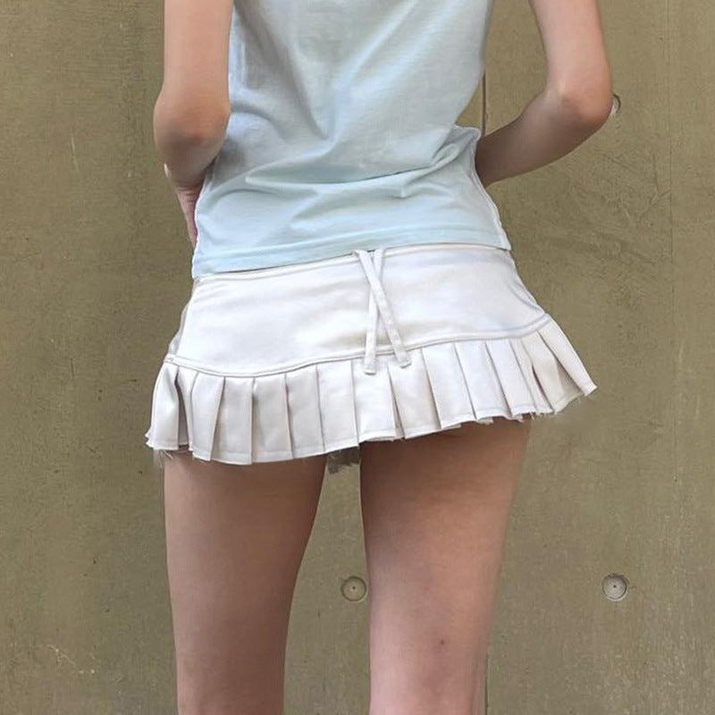 2000s fashion Sexy Hot Girl Low Waist Skirt American Belt Slim Slimming A- line Skirt 2024 Pure White Pleated Skirt